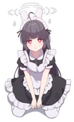 Rule 34 | 1girl, absurdres, ahoge, alternate costume, apron, black dress, black hair, blue archive, blunt bangs, blush, closed mouth, dress, enmaided, frilled apron, frilled dress, frills, full body, halo, headgear, highres, looking at viewer, maid, maid apron, maid headdress, miyu (blue archive), pantyhose, pn (wnsl216), puffy short sleeves, puffy sleeves, red eyes, shadow, short sleeves, sitting, solo, wariza, white apron, white background, white pantyhose