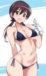 Rule 34 | 1girl, arm behind back, bad id, bad pixiv id, bikini, black ribbon, blue bikini, breasts, brown eyes, brown hair, collarbone, commentary request, cowboy shot, gertrud barkhorn, gloves, groin, hair between eyes, hair ribbon, halterneck, hand up, head tilt, highres, long hair, looking at viewer, low twintails, lowleg, lowleg bikini, medium breasts, momendoufu, navel, open mouth, ribbon, side-tie bikini bottom, skindentation, smile, solo, standing, stomach, strap gap, strike witches, string bikini, swimsuit, twintails, white gloves, world witches series