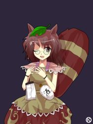 Rule 34 | 1girl, ;d, alphes (style), animal ears, brown eyes, brown hair, female focus, futatsuiwa mamizou, glasses, kaoru (gensou yuugen-an), leaf, leaf on head, object on head, one eye closed, open mouth, own hands together, parody, pince-nez, raccoon ears, raccoon tail, shirt, short hair, signature, skirt, sleeveless, sleeveless shirt, smile, solo, style parody, tail, touhou