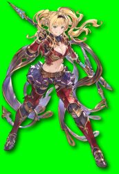 Rule 34 | 1girl, armor, armored boots, blonde hair, blue eyes, boots, braid, breasts, cleavage, crop top, full body, gauntlets, gold trim, granblue fantasy, granblue fantasy versus, hair ornament, hairband, highres, long hair, looking at viewer, medium breasts, midriff, minaba hideo, navel, official art, parted lips, pleated skirt, polearm, shoulder armor, skirt, smile, solo, spear, stomach, transparent background, twintails, weapon, zeta (granblue fantasy)