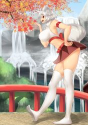 Rule 34 | 1girl, animal ears, autumn leaves, bare shoulders, breasts, detached sleeves, eyebrows, hand on own hip, highres, inubashiri momiji, large breasts, leaf, looking at viewer, midriff, nature, open mouth, profile, red eyes, short hair, silver hair, solo, tail, tall, thick eyebrows, thighs, tochinoko, touhou, water, waterfall, white legwear, wolf ears, wolf tail