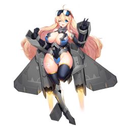 Rule 34 | 1girl, ahoge, black gloves, black thighhighs, blonde hair, blue eyes, blush, boots, breasts, cleavage, cleavage cutout, clothing cutout, curvy, elbow gloves, full body, game cg, gloves, goggles, goggles on head, hair between eyes, harpyia (last origin), highres, huge breasts, large breasts, last origin, leotard, long hair, looking at viewer, official art, one eye closed, smile, snowball22, solo, tachi-e, thick thighs, thighhighs, thighs, transparent background, v, very long hair, wide hips