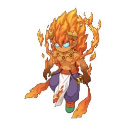 Rule 34 | 1boy, ador (ragnarok online), blue sclera, chibi, colored sclera, fiery hair, full body, hair between eyes, horns, jewelry, long bangs, male focus, muscular, muscular male, no mouth, no pupils, official art, orange hair, pants, pelvic curtain, pointy ears, purple pants, ragnarok online, ring, simple background, solo, tan, topless male, transparent background, yellow horns, yuichirou