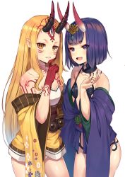 Rule 34 | 2girls, :d, bare shoulders, blonde hair, blush, breasts, brown eyes, collarbone, facial mark, fang, fate/grand order, fate (series), fingernails, floral print, forehead, forehead mark, hand up, headpiece, highres, horns, ibaraki douji (fate), japanese clothes, kimono, long fingernails, long hair, long sleeves, multiple girls, nail polish, obi, off shoulder, oni, open mouth, parted lips, purple eyes, purple hair, purple kimono, purple nails, rangen, revealing clothes, sash, short eyebrows, short hair, shuten douji (fate), simple background, skin-covered horns, small breasts, smile, strapless, thick eyebrows, very long hair, white background, wide sleeves, yellow kimono