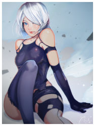 Rule 34 | 1girl, 2017, android, arm support, armlet, arms at sides, bare shoulders, black gloves, black shorts, black thighhighs, blue eyes, boots, breasts, breasts apart, collarbone, cowboy shot, dated, elbow gloves, eyeliner, gloves, hair over one eye, highres, joints, knee up, leaning back, lips, makeup, medium breasts, mole, mole under mouth, msppice, nier:automata, nier (series), nose, parted lips, patterned clothing, pink lips, robot joints, short hair, short shorts, shorts, signature, single thigh boot, sitting, sleeveless, small breasts, solo, sword, tank top, thigh boots, thighhighs, thighs, weapon, white hair, a2 (nier:automata)