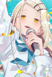 Rule 34 | 1girl, absurdres, arime hotaru, arm up, blonde hair, blue ribbon, blush, commentary request, confetti, gakuen idolmaster, hair ornament, hairclip, hajime (idolmaster), highres, holding, holding microphone, idolmaster, long hair, microphone, open mouth, orange eyes, ribbon, shinosawa hiro, smile, solo, upper body