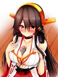Rule 34 | 10s, 1girl, between breasts, black hair, blush, breasts, brown eyes, choker, cleavage, collarbone, eyebrows, from above, hair between eyes, hair ornament, hairclip, hands on own chest, haruna (kancolle), headgear, heart lock (kantai collection), highres, indoors, kantai collection, large breasts, long hair, phone, solo, tawawa challenge, tsukui kachou, wooden floor