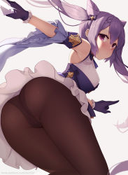 Rule 34 | 1girl, armpits, ass, bare shoulders, blush, bow, brown pantyhose, cameltoe, cleft of venus, closed mouth, cone hair bun, detached sleeves, double bun, embarrassed, frilled gloves, frills, from behind, genshin impact, gloves, hair bow, hair bun, keqing (genshin impact), leaning forward, long hair, long sleeves, looking at viewer, looking back, nose blush, outstretched arm, panties, panties under pantyhose, pantyhose, purple bow, purple eyes, purple gloves, purple hair, solo, thighs, twintails, underwear, wide sleeves, zen33n