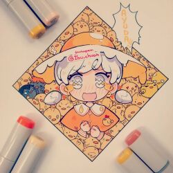 Rule 34 | 1girl, art tools in frame, bird, blush, capelet, chick, colored tears, commentary, egg, food-themed clothes, fried egg, ibi chuan, looking at viewer, marker, marker (medium), open mouth, orange capelet, original, photo (medium), short twintails, sidelocks, smile, solo, spanish commentary, symbol-shaped pupils, tears, too many, too many chicks, traditional media, twintails, white eyes, white hair, yellow theme