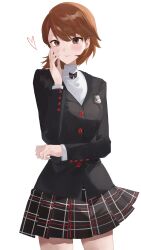 Rule 34 | 1girl, black jacket, blush, brown eyes, brown hair, buttons, checkered clothes, checkered skirt, closed mouth, commentary request, cowboy shot, earrings, hand on own face, hand up, heart, highres, jacket, jewelry, konchi (63438789), long sleeves, looking at viewer, miniskirt, official alternate costume, persona, persona 3, persona 3 reload, persona 5, pleated skirt, school uniform, short hair, shuujin academy school uniform, simple background, skirt, smile, solo, stud earrings, sweater, takeba yukari, turtleneck, turtleneck sweater, white background, white sweater