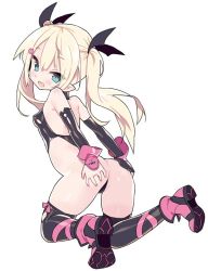 Rule 34 | 1girl, ass, bare shoulders, black leotard, black ribbon, black sleeves, black thighhighs, blade (galaxist), blonde hair, blue eyes, blush, boots, breasts, commentary request, copyright request, detached sleeves, fang, full body, hair between eyes, hair ribbon, hands on own ass, head tilt, leotard, long sleeves, looking at viewer, looking back, pink footwear, ribbon, simple background, skin fang, small breasts, solo, thighhighs, thighhighs under boots, twintails, white background
