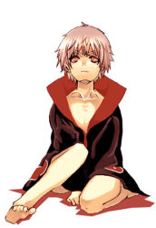 Rule 34 | 1boy, akatsuki (naruto), albino, artist request, barefoot, bottomless, cloak, closed mouth, coat, collarbone, frown, full body, looking away, lowres, male focus, naked coat, naruto (series), naruto shippuuden, red eyes, sasori (naruto), silver hair, simple background, sitting, soles, solo, topless male, white background
