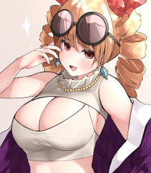 Rule 34 | 1girl, :d, absurdres, amazaki ria, bad id, bad pixiv id, bare shoulders, bow, bracelet, breasts, cleavage, drill hair, earrings, eyewear on head, grey background, hand up, hat, highres, jewelry, large breasts, looking at viewer, necklace, open mouth, pendant, simple background, sleeveless, smile, solo, sunglasses, touhou, twin drills, upper body, yorigami jo&#039;on