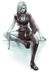 Rule 34 | 1girl, blade of the immortal, breasts, closed mouth, commentary request, hair over one eye, high heels, hungry clicker, hyakurin, long hair, long sleeves, looking at viewer, medium breasts, monochrome, one eye covered, sandals, sash, simple background, sitting, smile, solo, white background