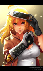 Rule 34 | 1girl, 2018, adjusting goggles, alternate costume, black gloves, blonde hair, breasts, cleavage, dated, gloves, goggles, goggles on head, head-mounted display, highres, jacket, letterboxed, long hair, lulu-chan92, nintendo, power glove, prosthesis, prosthetic arm, purple eyes, ready player one, rwby, smile, solo, watermark, web address, yang xiao long