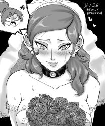 Rule 34 | 1girl, @ @, alternate hairstyle, bdsm, blank eyes, body control, bouquet, bridal veil, collar, commentary request, dress, ear piercing, earrings, flower, greyscale, heart, highres, issa castagno, issa castagno (character), jewelry, mind control, monochrome, off-shoulder dress, off shoulder, original, piercing, ponytail, rose, slave, solo, spanish commentary, spoken character, squiggle, sweat, tongue, tongue out, veil, wedding dress