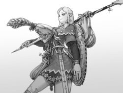 Rule 34 | 1girl, absurdres, bad id, bad twitter id, closed mouth, greyscale, hair over shoulder, unworn headwear, helmet, unworn helmet, highres, holding, holding polearm, holding weapon, looking at viewer, monochrome, pointy ears, polearm, scabbard, sheath, shield, shield on back, smile, solo, spear, sword, wass nonnam, weapon, white background