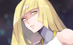 Rule 34 | 1girl, bare arms, bare shoulders, blonde hair, blunt bangs, collarbone, constricted pupils, creatures (company), dress, game freak, green eyes, highres, lips, long hair, lusamine (pokemon), nintendo, pokemon, pokemon sm, reef (sanomsai products), sleeveless, sleeveless dress, solo, upper body, white dress