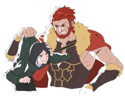 Rule 34 | 2boys, beard, cape, cropped torso, eye contact, facial hair, fate/zero, fate (series), highres, iskandar (fate), lifting person, looking at another, male focus, mature male, multiple boys, pectorals, potato goril, red eyes, red hair, scar, short hair, sidepec, size difference, tearing up, toned, toned male, waver velvet, white background