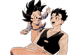 Rule 34 | 2boys, :d, age difference, belt, black eyes, black hair, brothers, child, dougi, dragon ball, dragonball z, happy, long sleeves, looking at another, male focus, martial arts belt, multiple boys, open mouth, outstretched arms, pants, shirt, short hair, siblings, simple background, size difference, smile, son gohan, son goten, spiked hair, waiscoat, waistcoat, white background, white shirt