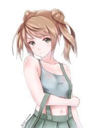 Rule 34 | 10s, 1girl, artist name, bad id, bad pixiv id, bare shoulders, black eyes, breasts, brown hair, camisole, closed mouth, collarbone, disco brando, double bun, hair bun, highres, kantai collection, looking at viewer, michishio (kancolle), midriff, navel, pleated skirt, short hair, simple background, skirt, small breasts, solo, suspender skirt, suspenders, suspenders slip, twintails, upper body, white background