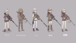Rule 34 | 1girl, absurdres, ahoge, alternate costume, bandana, bandana over mouth, beanie, bipod, black eyes, black footwear, black gloves, black leg warmers, black skirt, black thighhighs, bolt action, boonie hat, boots, breath, brown footwear, brown jacket, bullpup, cardboard cutout, cheytac m200, commentary, covered mouth, elbow pads, english commentary, expressionless, full body, ghillie suit, girls&#039; frontline, gloves, grey background, grey eyes, grey hair, gun, gun on back, handgun, hat, highres, holding, holding gun, holding weapon, holster, jacket, jitome, knee pads, leg warmers, long sleeves, looking at viewer, m200 (girls&#039; frontline), miniskirt, mixed-language commentary, multiple views, neck warmer, p90, pantyhose, personal defense weapon, player193, pleated skirt, rifle, scope, simple background, skirt, sniper rifle, standing, submachine gun, suppressor, tactical clothes, thigh holster, thighhighs, trigger discipline, weapon, weapon name, weapon on back, white headwear, white jacket, white pantyhose