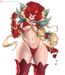 Rule 34 | 1girl, absurdres, alva (artofalva), bikini, blonde hair, breasts, covered eyes, curvy, digimon, digimon (creature), elbow gloves, flower, gloves, hair flower, hair ornament, highres, large breasts, lipstick, long hair, makeup, navel, red bikini, red gloves, red lips, rose, rosemon, solo, swimsuit, thick thighs, thighhighs, thighs, underboob, white background, wide hips