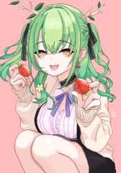 Rule 34 | 1girl, bow, breasts, ceres fauna, ceres fauna (jirai kei), cleavage, cleavage cutout, clothing cutout, food, fruit, green hair, highres, hololive, hololive english, jacket, large breasts, leopxl, long hair, looking at viewer, mole, mole under eye, official alternate costume, open mouth, pixel art, smile, solo, strawberry, virtual youtuber