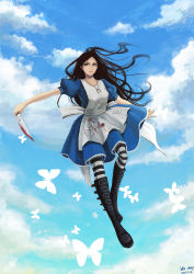 Rule 34 | 10s, 1girl, 2011, absurdres, alice: madness returns, alice (alice in wonderland), alice in wonderland, alice liddell (american mcgee&#039;s alice), american mcgee&#039;s alice, american mcgee's alice, blood, boots, brown hair, cloud, dated, day, dress, green eyes, highres, knee boots, knife, long hair, pantyhose, smile, solo, striped clothes, striped pantyhose, zhenzi0111
