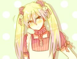 Rule 34 | 1girl, apron, bell, blonde hair, blush, bow, buttons, cioccolatodorima, collarbone, detached collar, dress, frilled apron, frills, green background, hair ornament, jingle bell, long hair, looking away, motion lines, orange eyes, original, personification, pink bow, puffy short sleeves, puffy sleeves, short sleeves, solo, spots, star-shaped pupils, star (symbol), striped clothes, striped dress, symbol-shaped pupils, tsundere, twintails, upper body