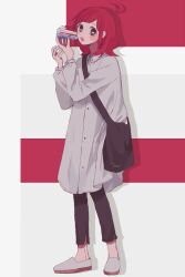 Rule 34 | 1girl, ahoge, bag, blush stickers, brown eyes, cake, cake slice, collared shirt, eating, food, food on face, full body, highres, holding, holding food, long hair, long shirt, long sleeves, looking at viewer, maco22, open mouth, original, pants, red hair, shirt, shoulder bag, solo