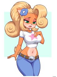 Rule 34 | 1girl, absurdres, blonde hair, blue flower, border, breasts, coco bandicoot, commission, crash bandicoot (series), crop top, denim, facing viewer, flower, furry, furry female, green background, green eyes, hair flower, hair ornament, hand on own chest, highres, jeans, large breasts, long hair, looking down, midriff, navel, open mouth, pants, ponytail, shirt, simmsy, simple background, solo, swimsuit, teeth, upper teeth only, white border, white shirt