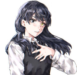 Rule 34 | 1girl, black dress, black eyes, black hair, black ribbon, chainsaw man, closed mouth, collared shirt, commentary request, cross scar, dress, floating hair, fourth east high school uniform, hand on own chest, heterochromia, highres, long hair, long sleeves, looking at viewer, low ponytail, mitaka asa, neck ribbon, pinafore dress, ribbon, ringed eyes, scar, scar on face, school uniform, shirt, simple background, sleeveless, sleeveless dress, solo, uniform, user jjtm7257, white background, white shirt, yellow eyes, yoru (chainsaw man)