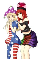 Rule 34 | 2girls, absurdres, american flag dress, american flag legwear, bare legs, bare shoulders, black hair, blonde hair, blowing, blowing in ear, blush, clothes writing, clownpiece, collar, female focus, frilled skirt, frills, from behind, hand on another&#039;s shoulder, hat, hecatia lapislazuli, highres, jester cap, leaning forward, leaning on person, legs, long hair, midriff, miniskirt, moaning, multicolored clothes, multicolored skirt, multiple girls, navel, off-shoulder shirt, off shoulder, ozu (agito100001), pantyhose, plaid, plaid skirt, red eyes, red hair, scared, shirt, short sleeves, shy, simple background, skirt, standing, surprised, thighs, touhou, white background, yuri