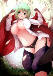 Rule 34 | 1girl, alternate breast size, amazaki ria, antennae, arms up, bad id, bad twitter id, baggy pants, black panties, blue pants, blush, breasts, buttons, collarbone, collared shirt, commentary, crossed bangs, english commentary, garter straps, green eyes, green hair, halterneck, highres, large breasts, looking at viewer, looking down, navel, open clothes, open mouth, open shirt, outdoors, panties, pants, shirt, short hair, smile, solo, standing, stomach, thighs, touhou, two-tone cape, underboob, underwear, white shirt, wing collar, wriggle nightbug, wrist cuffs