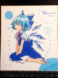 Rule 34 | 1girl, artist name, barefoot, blue bow, blue dress, blue eyes, blue hair, bow, cirno, closed mouth, collared shirt, detached wings, dress, fairy, full body, hair between eyes, hair bow, highres, ice, ice wings, namauni, photo (medium), puffy short sleeves, puffy sleeves, shikishi, shirt, short hair, short sleeves, signature, smile, solo, touhou, traditional media, white shirt, wings