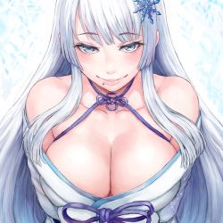 Rule 34 | 1girl, bare shoulders, blue eyes, blush, breasts, cleavage, closed mouth, collarbone, commentary request, hair ornament, halterneck, japanese clothes, kimono, large breasts, long hair, long sleeves, looking at viewer, mole, mole under mouth, nijisanji, off shoulder, setsuna (1st costume) (nijisanji), setsuna (nijisanji), shu-mai, sidelocks, smile, snowflake hair ornament, solo, tsurime, upper body, virtual youtuber, white background, white hair, white kimono