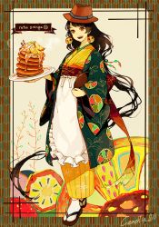 Rule 34 | 1girl, :d, absurdly long hair, akagi shun, apron, brown eyes, brown hair, brown hat, commentary request, earrings, food, food print, framed, fruit, hat, holding, holding tray, japanese clothes, jewelry, kimono, long hair, long sleeves, looking at viewer, obi, open mouth, orange (fruit), orange slice, original, pancake, sandals, sash, signature, smile, solo, standing, tabi, tray, very long hair, waist apron, walking, wide sleeves, yellow kimono, zouri