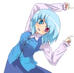 Rule 34 | 1girl, absurdres, ahoge, blue eyes, blue hair, blush, fusion dance, heterochromia, highres, leaning, leaning left, matching hair/eyes, open mouth, pointing, red eyes, short hair, simple background, skirt, smile, solo, sylphidehachioji, tatara kogasa, touhou, white background
