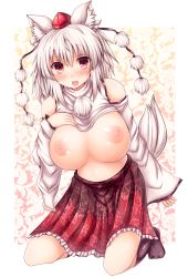 Rule 34 | 1girl, :d, absurdres, animal ears, black legwear, breasts, clothes lift, detached sleeves, female focus, hat, highres, huge breasts, inubashiri momiji, kneeling, large breasts, looking at viewer, naoyama masaru, nipples, no bra, open mouth, red eyes, shirt lift, smile, solo, tail, tokin hat, touhou, white hair, wolf ears, wolf tail