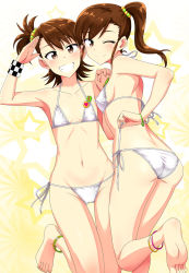 Rule 34 | 2girls, :d, ;), anklet, ass, barefoot, bikini, blush, bracelet, breasts, brown eyes, brown hair, artistic error, feet, flat chest, from behind, futami ami, futami mami, grin, highres, holding hands, idolmaster, idolmaster (classic), jewelry, leg lift, long hair, looking back, multiple girls, navel, one eye closed, open mouth, panties, salute, short hair, siblings, side-tie bikini bottom, side-tie panties, side ponytail, sisters, smile, soles, standing, standing on one leg, swimsuit, toes, tsurui, twins, underwear, untying, white bikini, white panties, wink, wristband