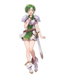 Rule 34 | 1girl, armor, belt, boots, breastplate, dress, earrings, fee (fire emblem), fire emblem, fire emblem: genealogy of the holy war, fire emblem heroes, full body, gold trim, green eyes, grey hair, hand on own chest, hand up, headband, highres, jewelry, looking at viewer, nintendo, non-web source, official art, open mouth, sheath, sheathed, short dress, short hair, short sleeves, shoulder armor, smile, solo, standing, sword, teeth, transparent background, upper teeth only, weapon, white headband, yuko (uc yuk)