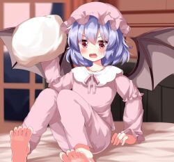 Rule 34 | 1girl, alternate costume, angry, barefoot, bat wings, blue hair, commentary request, highres, holding, holding pillow, long sleeves, open mouth, pajamas, pillow, pink eyes, remilia scarlet, ruu (tksymkw), short hair, soles, solo, toes, touhou, v-shaped eyebrows, wings