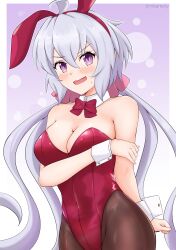Rule 34 | 1girl, absurdres, blush, border, breasts, brown pantyhose, cleavage, detached collar, floating hair, grey hair, hair between eyes, highres, leotard, long hair, low twintails, medium breasts, mitamory, open mouth, outline, outside border, pantyhose, playboy bunny, purple eyes, red leotard, senki zesshou symphogear, solo, standing, strapless, strapless leotard, sweatdrop, twintails, twitter username, very long hair, white border, wrist cuffs, yukine chris