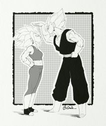 Rule 34 | 1boy, 1girl, age difference, artist request, bare shoulders, boots, breasts, dougi, dragon ball, dragon ball super, earrings, fusion, gloves, greyscale, highres, jewelry, kefla (dragon ball), looking at another, monochrome, muscular, muscular female, potara earrings, simple background, size comparison, size difference, spiked hair, standing, super saiyan, vegetto