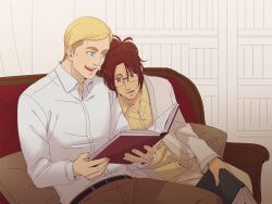 Rule 34 | 1boy, 1other, blonde hair, blue eyes, book, brown eyes, brown hair, brown pants, commentary, couch, erwin smith, glasses, grey jacket, hange zoe, hanpetos, head on another&#039;s shoulder, holding, holding book, jacket, open mouth, pants, pillow, ponytail, reading, shingeki no kyojin, shirt, sitting, smile, symbol-only commentary, undercut, white shirt