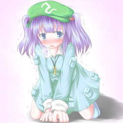 Rule 34 | 1girl, all fours, baerun, blue eyes, blue hair, blush, female focus, full body, gradient background, hat, kawashiro nitori, key, long hair, matching hair/eyes, open mouth, purple hair, solo, tears, touhou, twintails, two side up