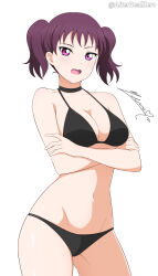 Rule 34 | 1girl, absurdres, alter real zero, bikini, black bikini, black choker, blush, breasts, choker, cleavage, crossed arms, highres, kazuno leah, long hair, looking at viewer, love live!, love live! sunshine!!, medium breasts, navel, open mouth, purple eyes, purple hair, simple background, solo, standing, swimsuit, twintails, white background