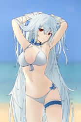 Rule 34 | 1girl, arknights, armpits, arms up, beach, bikini, blue choker, blurry, blurry background, breasts, chinese commentary, choker, cleavage, commentary request, cowboy shot, criss-cross halter, hair between eyes, halterneck, hands in hair, head tilt, highres, long hair, medium breasts, navel, ocean, official alternate costume, parted lips, partial commentary, pu ht, red eyes, shorts, silver hair, skadi (arknights), solo, stomach, swimsuit, thigh strap, very long hair, white bikini
