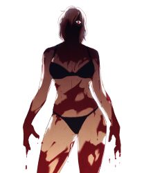 Rule 34 | 1girl, backlighting, black bra, black panties, blood, blood on face, blood on hands, blood on leg, bra, breasts, commentary, contrapposto, cowboy shot, gluteal fold, hair over one eye, hanpetos, jeane (nmh), medium breasts, no more heroes, panties, red eyes, shaded face, solo, underwear, white hair